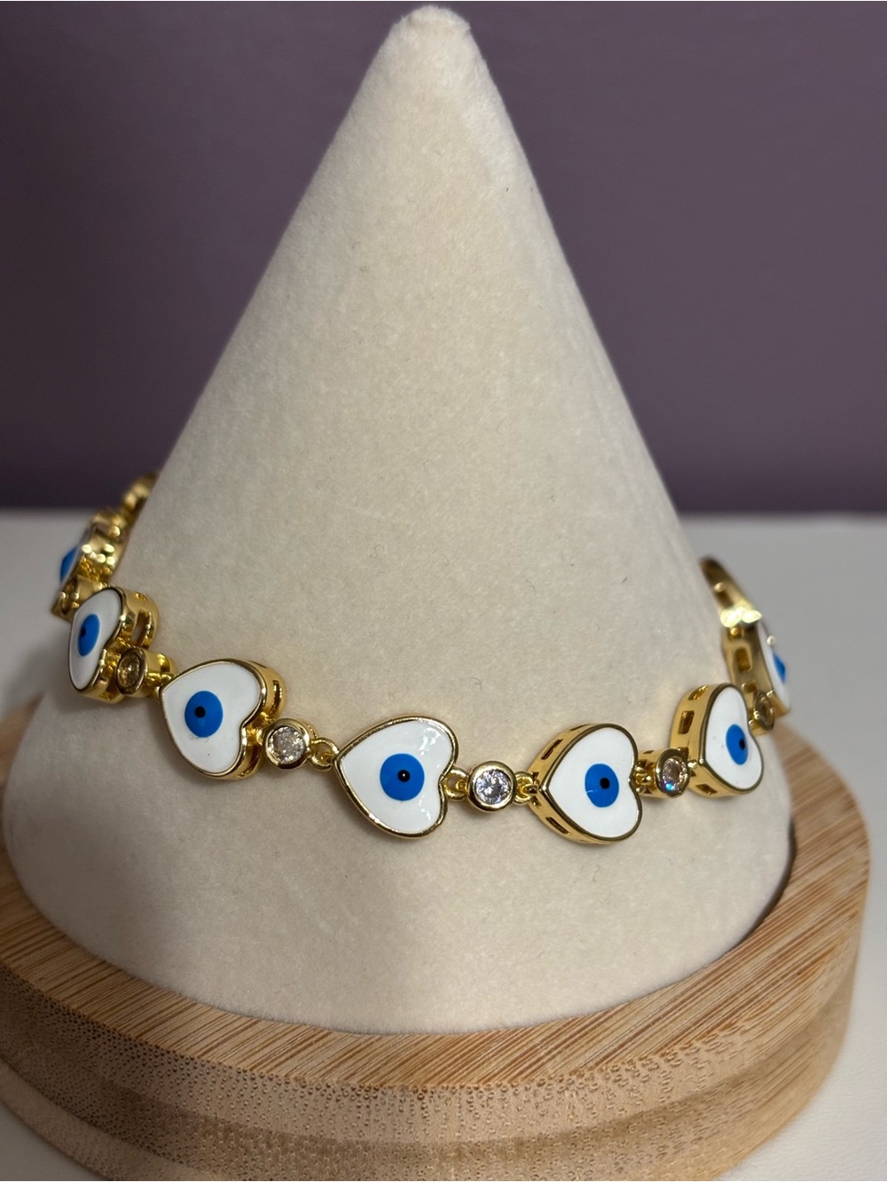 Gold-Tone Blue & White Evil Eye Heart Link Bracelet